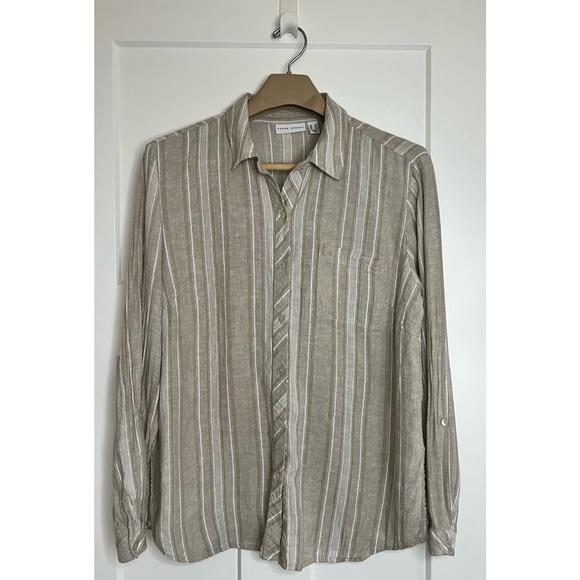 Susan‎ Graver Button Up Blouse Tan White Large Linen Rayon - Picture 1 of 9